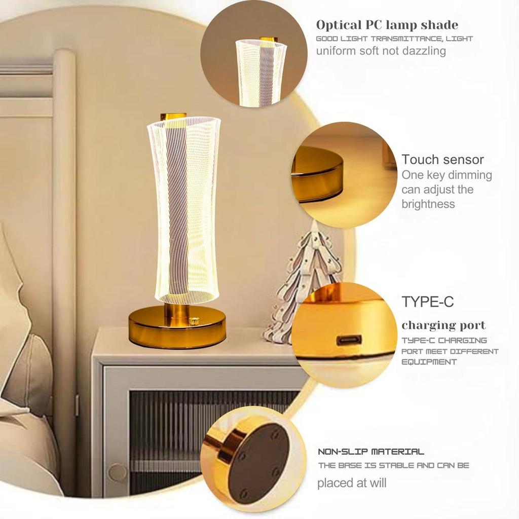 3D Acrylic LED Night Lamp with Gold Base – Starry Sky Waist Design 2, Touch Control Cordless Decorative Table Light for Bedroom, Living Room