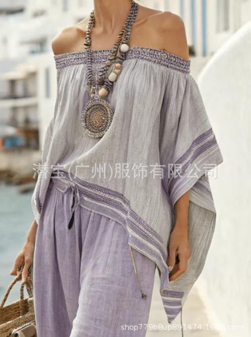 1116 New European and American women's off-the-shoulder fashion and sexy vacation style top and trousers two-piece set for women