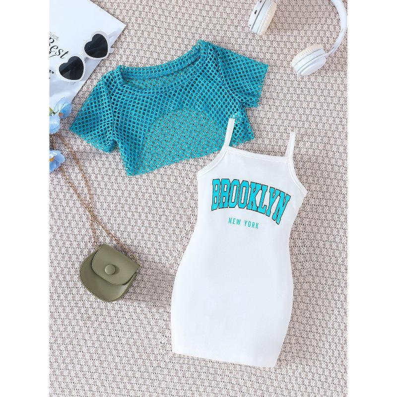 Одежда для девочек, летняя однотонная сетчатая юбка с короткими рукавами и принтом, модная юбка с баской, летние дети от 12 месяцев до 6 лет