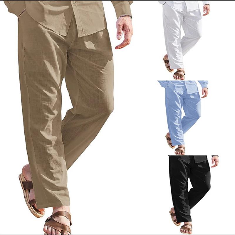 Men's Linen Trousers Drawstring Elastic Waist Solid Colour Comfortable Breathable Outdoor Daily Streetwear
