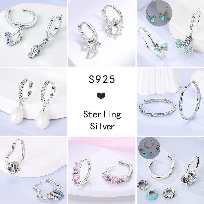 Sparkling Women Hoop Earrings 925 Copper Heart Shape Star Moon Round Blue Zircon Fit Origina Drop Earrings Zircon Holiday Gifts