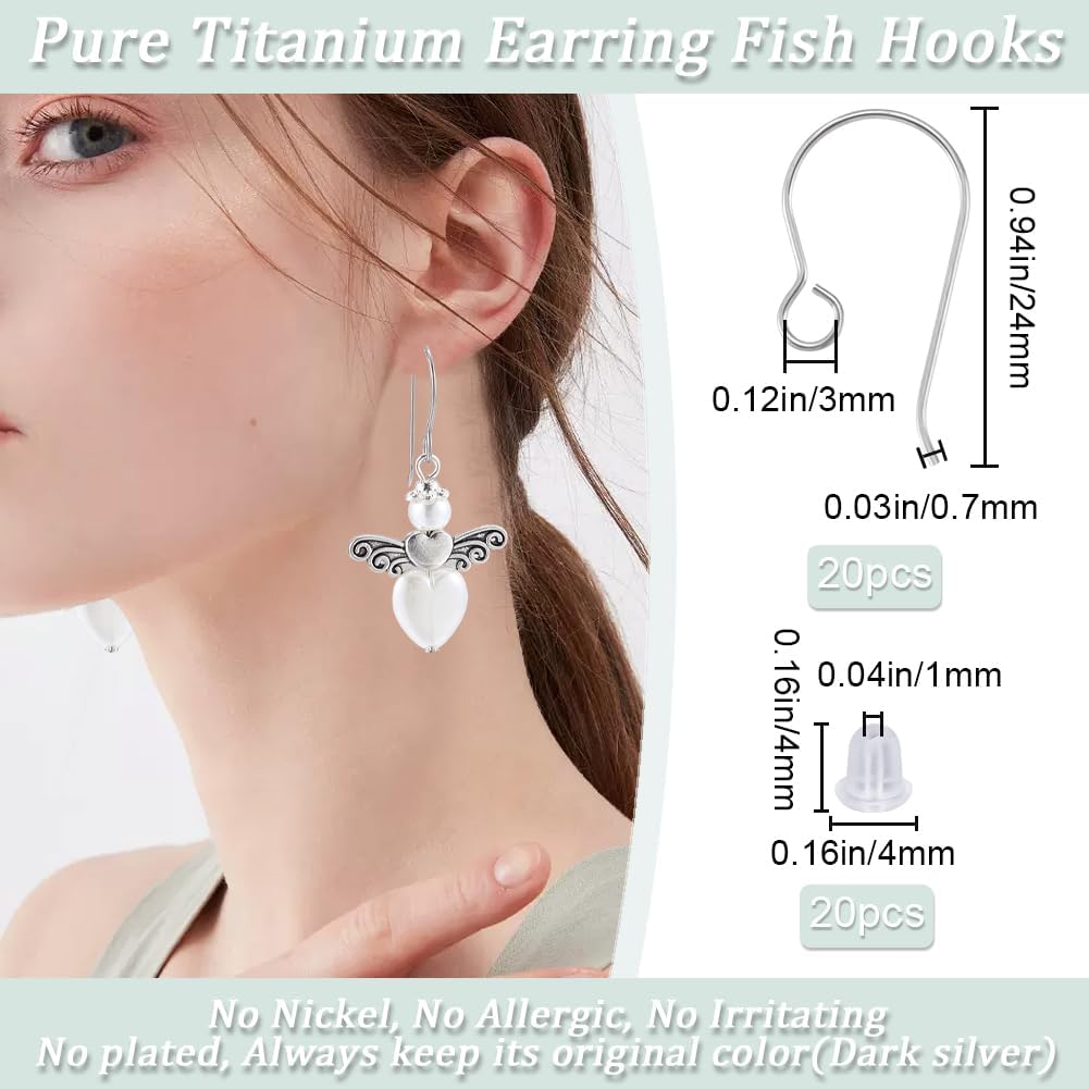 Beebeecraft 1 Box 20Pcs Pure Titanium Earring Fish Hooks Silver Earring Hooks for DIY Jewelry Making (21 Gauge)
