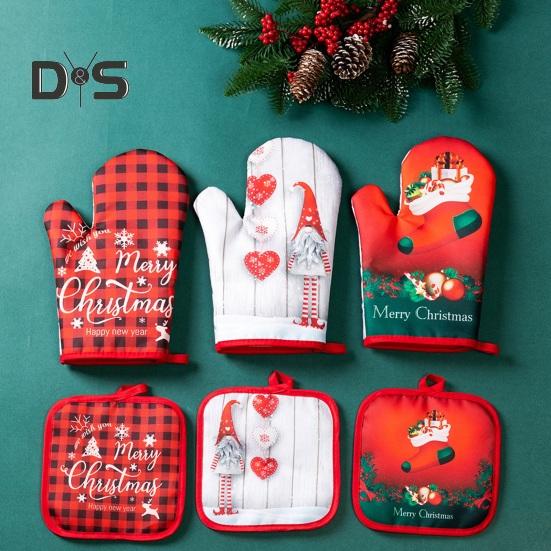 1 Set Baking Glove Cartoon Pattern Christmas Glove Heat-resistant Oven Glove with Mat for Home Kitchen
