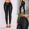 Rose Beauty A Women Slant Pocket Button Front PU Leather Skinny Pants Elastic Pencil Tight Trousers