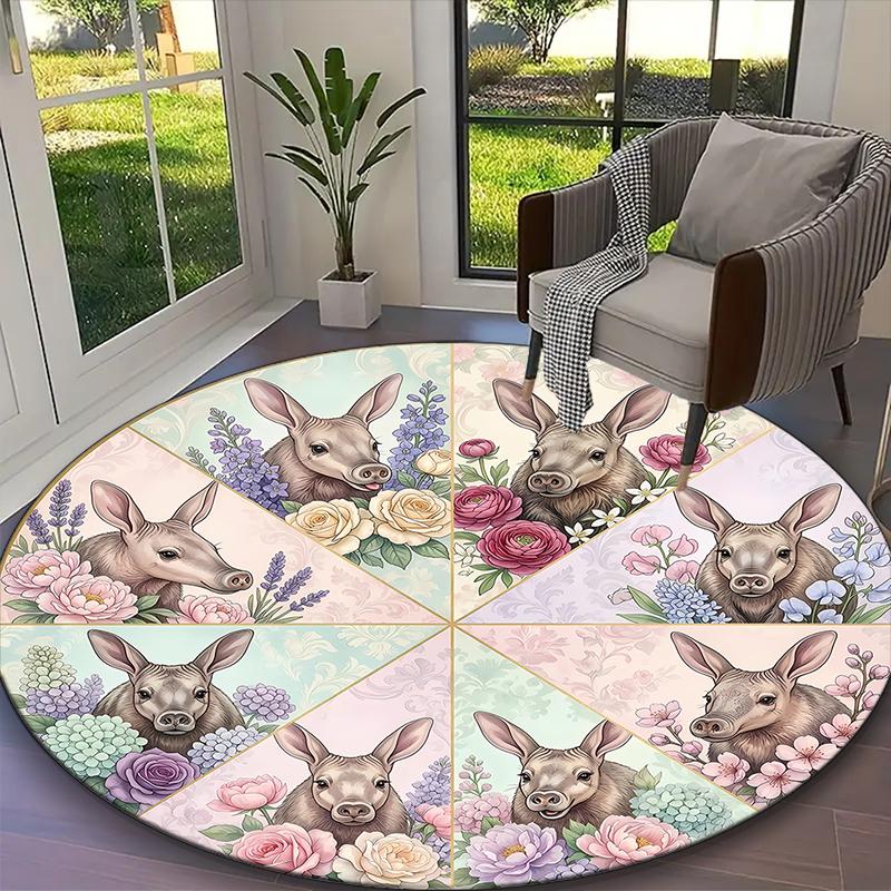 1pc Cream Floral Rabbits Rug, Digital Printed Home Chair Sofa Mat, Durable Office Round Carpet, Beautiful Festival Decorations