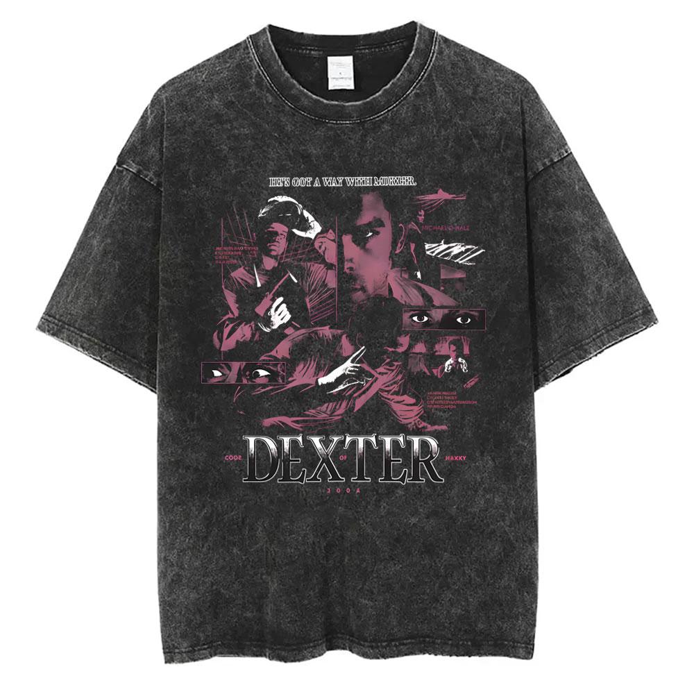 Washed Vintage TV Play Dexter Morgan Face Graphic Tshirt Men Women Casual Cotton Oversized T Shirt Male Classic Gothic Tshirts