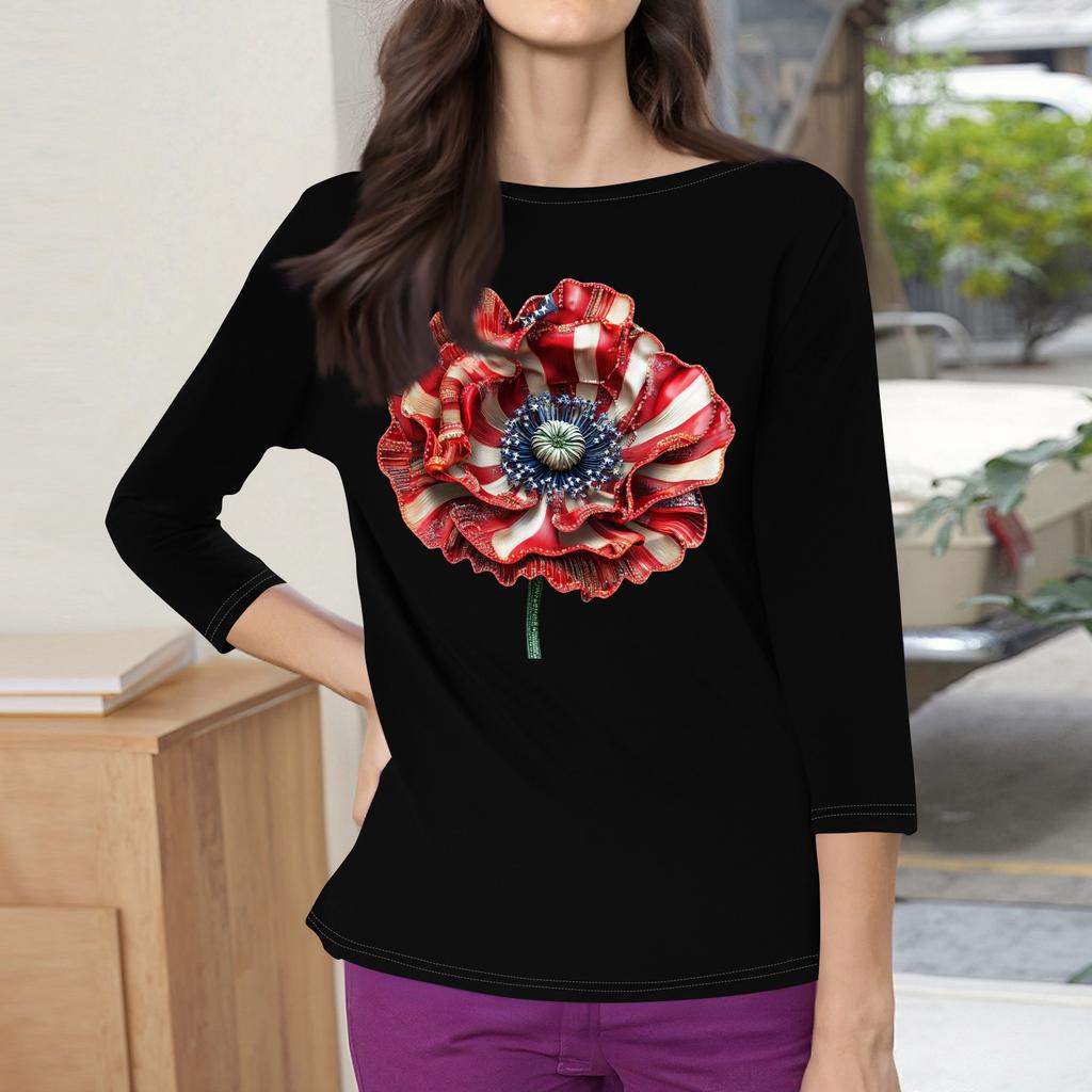 3/4 Sleeve Tops For Women T-Shirt Casual Print Tops T Shirt Round Neck Pullover Blouse
