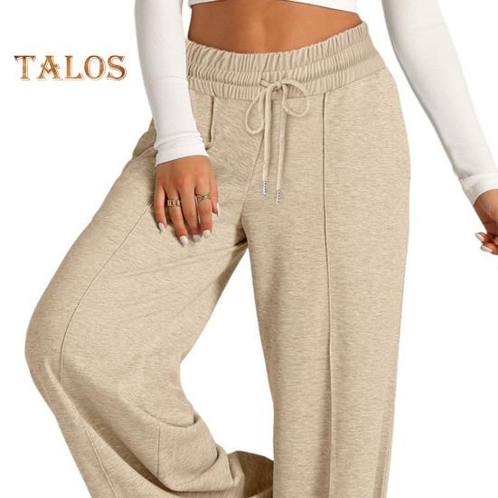 Женские повседневные брюки с эластичной резинкой и высокой талией, регулируемые на шнурке, прямые широкие брюки с карманами, однотонные длинные брюки