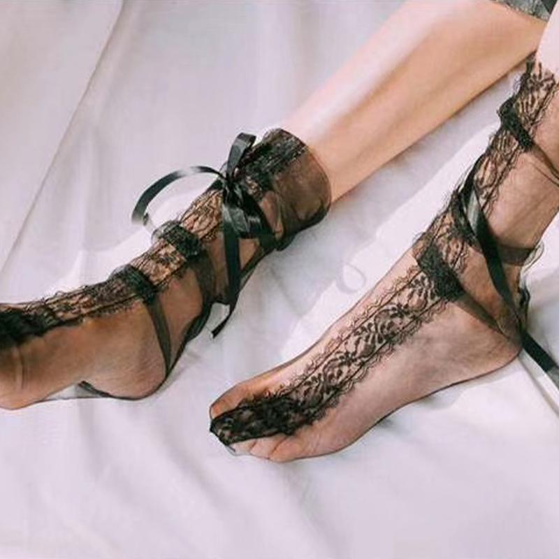Sexy Lace Socks Women's Transparent Mesh Ultra-Thin Bow Cute Socks for Ladies Fashion Lolita 2023 New Black White Socks Women