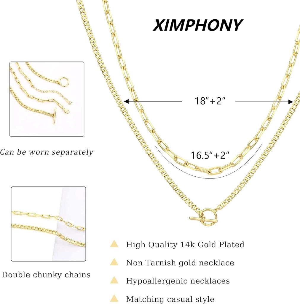Gold Layered Necklace for Women K Gold Plated Necklace Women Cuban Link Paperclip Chain Toggle Clasp Necklace Zircon for Women