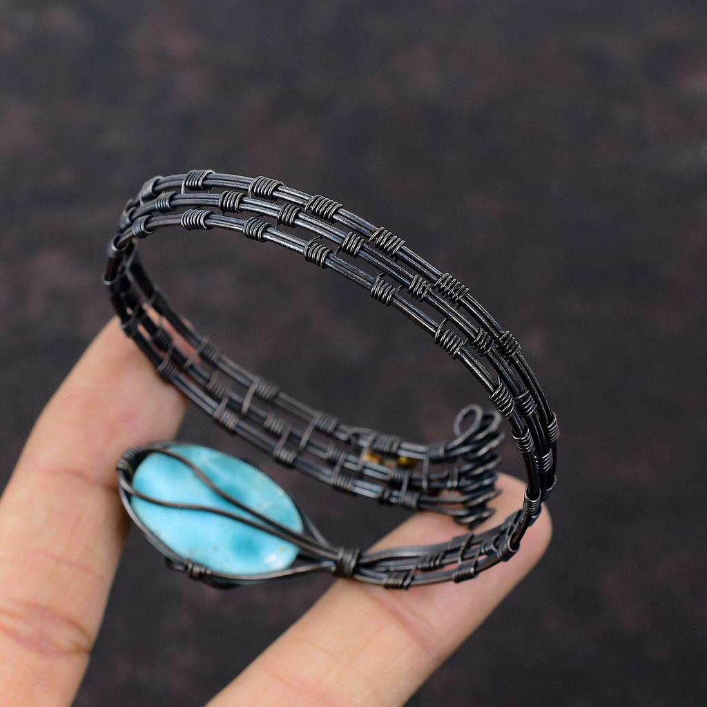 Браслет-манжета Ларимар, обмотанный медной проволокой, регулируемый браслет-манжета, ювелирное изделие, обмотанное медной проволокой, подарок для него, ювелирное изделие из драгоценного камня ручной работы