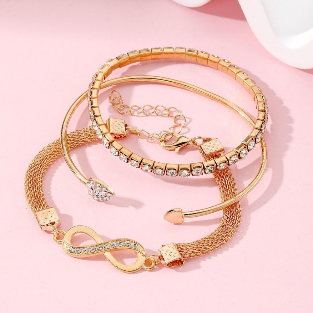 3 Pcs Women Bracelets Rhinestone Decor Hollow Infinite Symbol Heart Stackable Wrist Jewelry Lady Prom Party Wedding Bangle Set