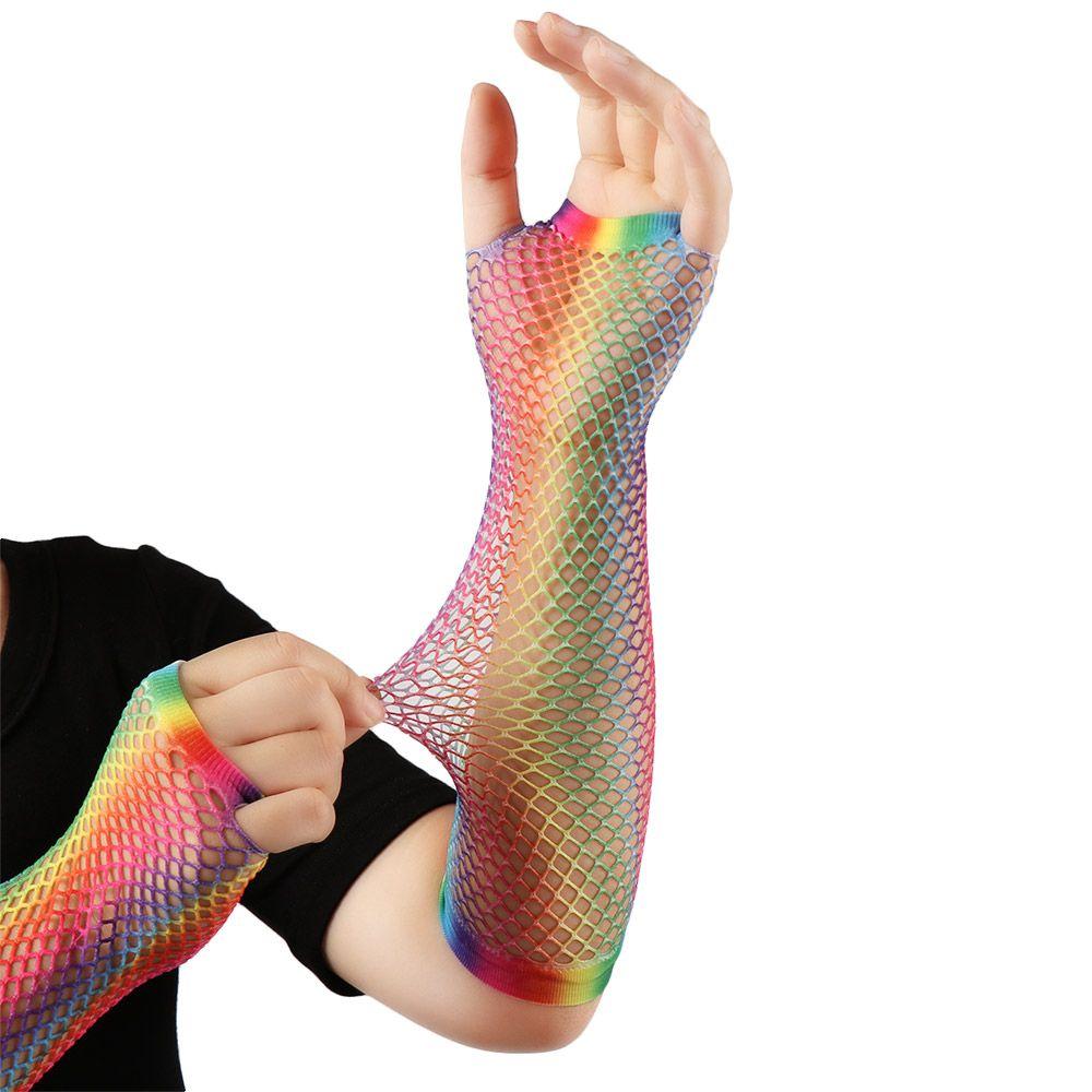 New Wedding Party Colorful Fingerless Mesh Net Disco Dance Hollow Out Holes Gloves Rainbow