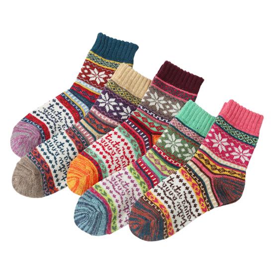 5 Pairs Winter Warm Crew Socks for Women Thick Mid-Calf Knitted Socks Retro Ethnic Style Socks for Christmas Gifts