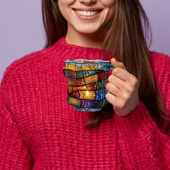 Painted Book Mug with Spoon Creative 3D Stack Book Coffee Cup Retro Novel Style Cup Collection Gifts for Literature Lovers