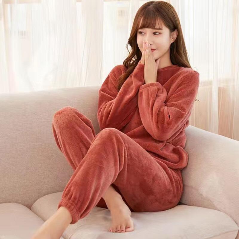 Winter Pajamas Coral Fleece Soft Warm Pajamas Set Can Be Worn Outside Loose Top Elastic Waist Trousers Home Leisure Wear