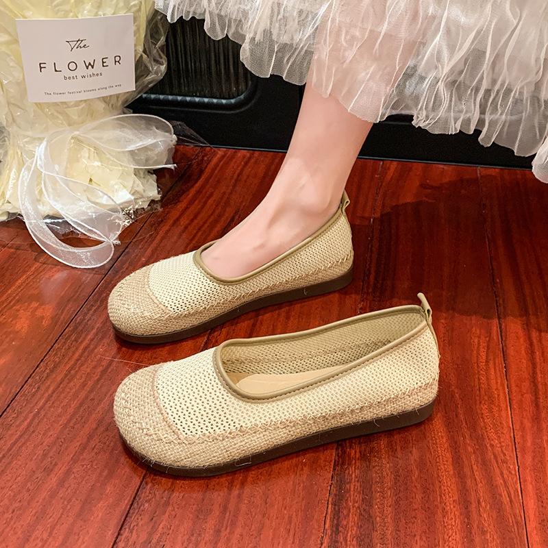 Соломенные туфли-рыбаки женские 2025 новая летняя обувь с полым сетчатым верхом на одном педале, обувь для беременных, дышащие туфли-лодочки, однотонные туфли для мамы