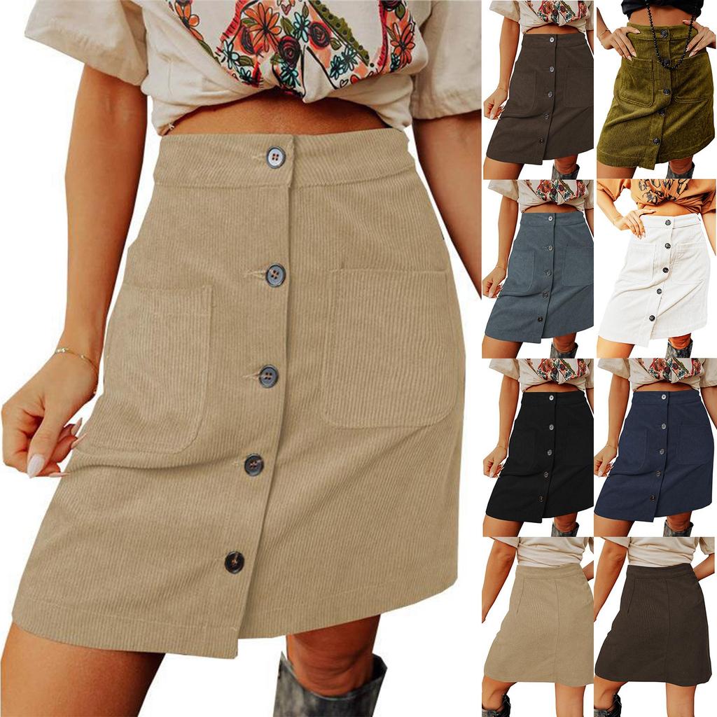 Women's Fashion Solid Color High Waist Corduroy Skirt Button Design Short Skirt