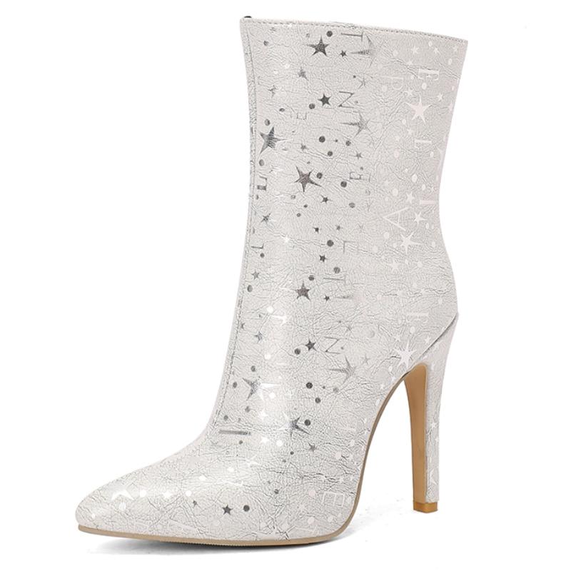 Роскошные женские ботильоны Зимняя обувь Новые тренды 2024 Золото Серебро Тонкий каблук Женские ботинки для вечеринок и танцев Обувь большого размера