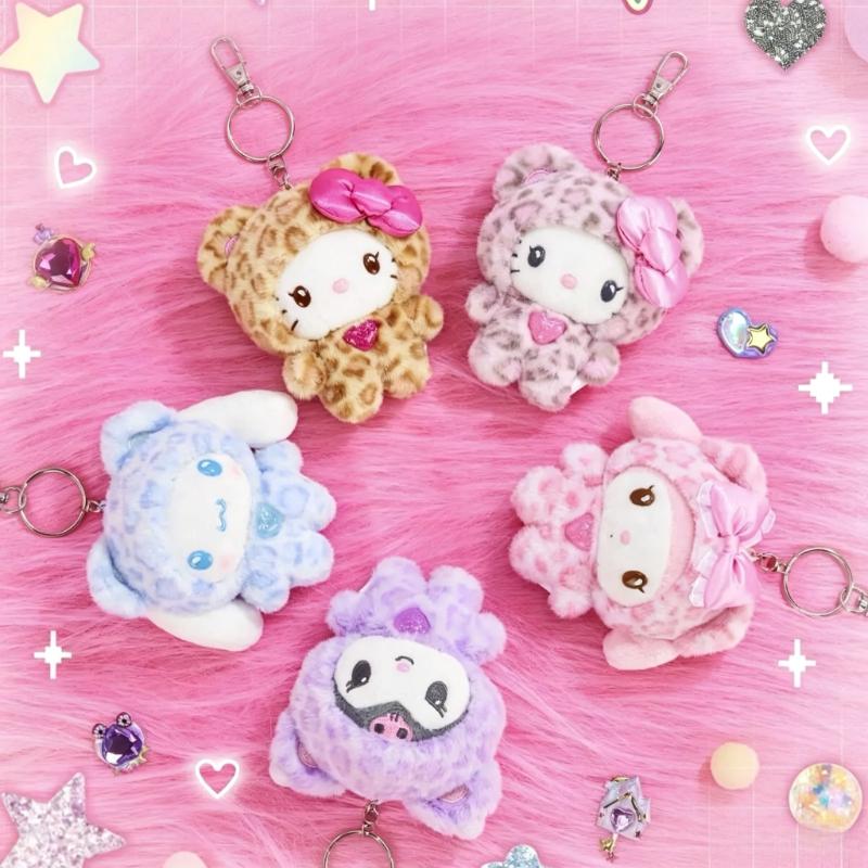 Серия Sanrio с леопардовым принтом Плюшевый брелок-подвеска для сумки Hello Kitty Сладкий подарок на день рождения для детей и девочек