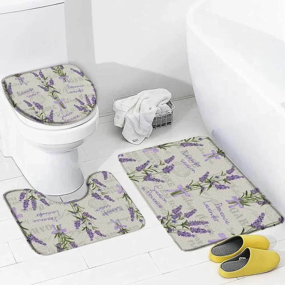 Purple Lavender Bath Mat Set Nature Flowers Plants Butterfly Modern Home Carpet Bathroom Decor Non-Slip Rugs Toilet Lid Cover