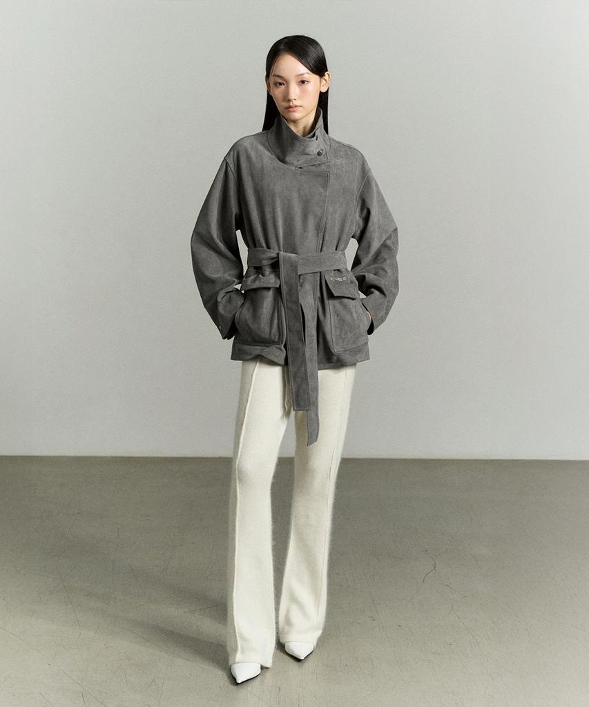Re Rhee Suede Funnel Neck Jacket Stone