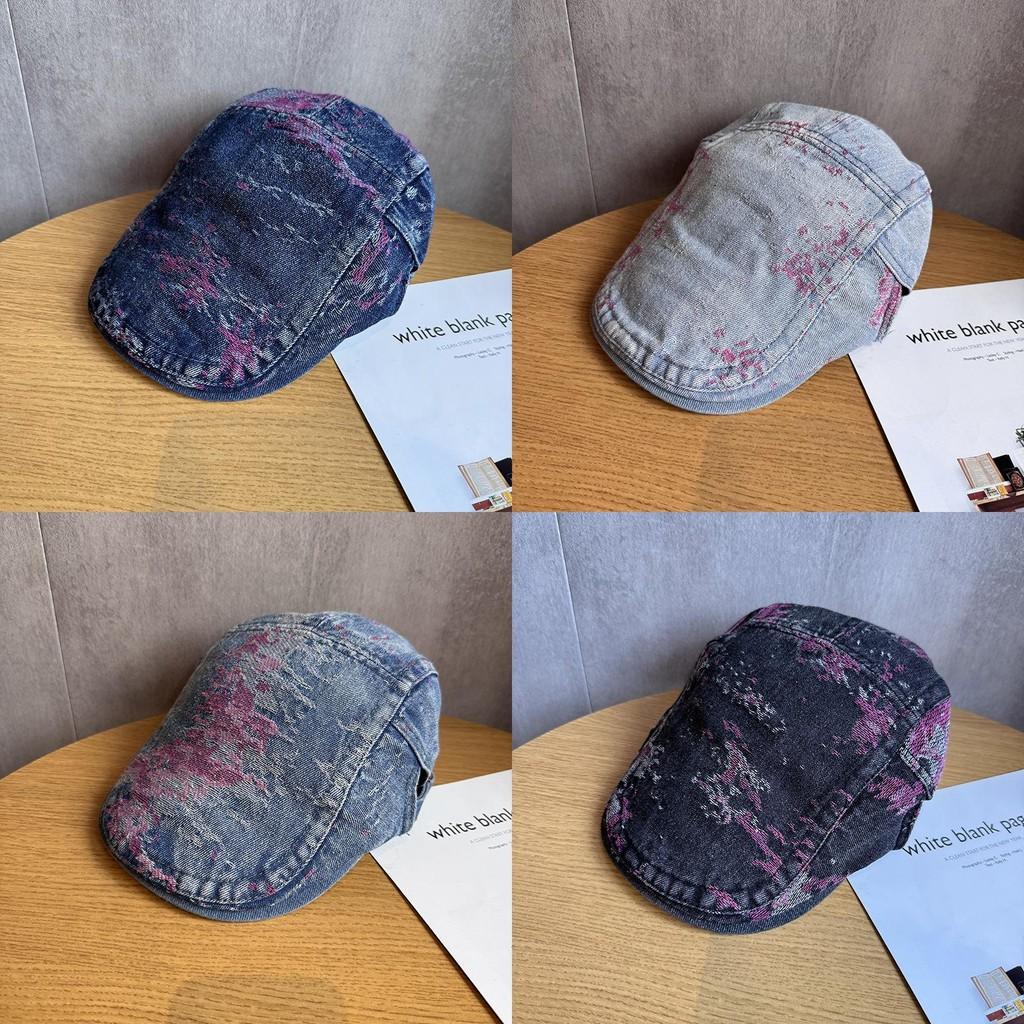 Denim Retro Washed Beret With Pattern Design For Womens Daily Casual Outing
