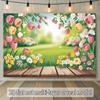 Фон для фотосессии на Baby Shower с разноцветными тюльпанами и садом