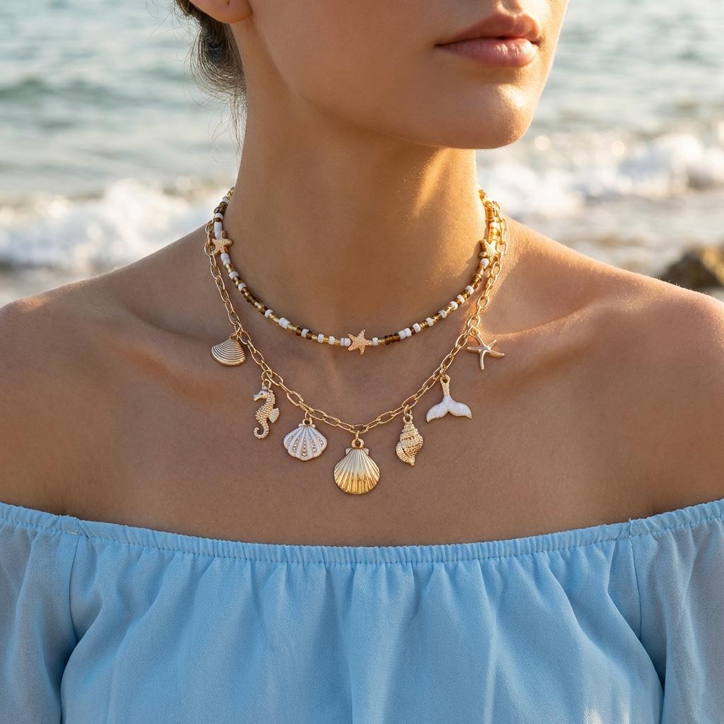2pcs Bohemian Rice Beads Starfish Pendant Necklace Set for Women Seahorse Conch Fish Tail Clavicle Chain Summer Beach Jewelry