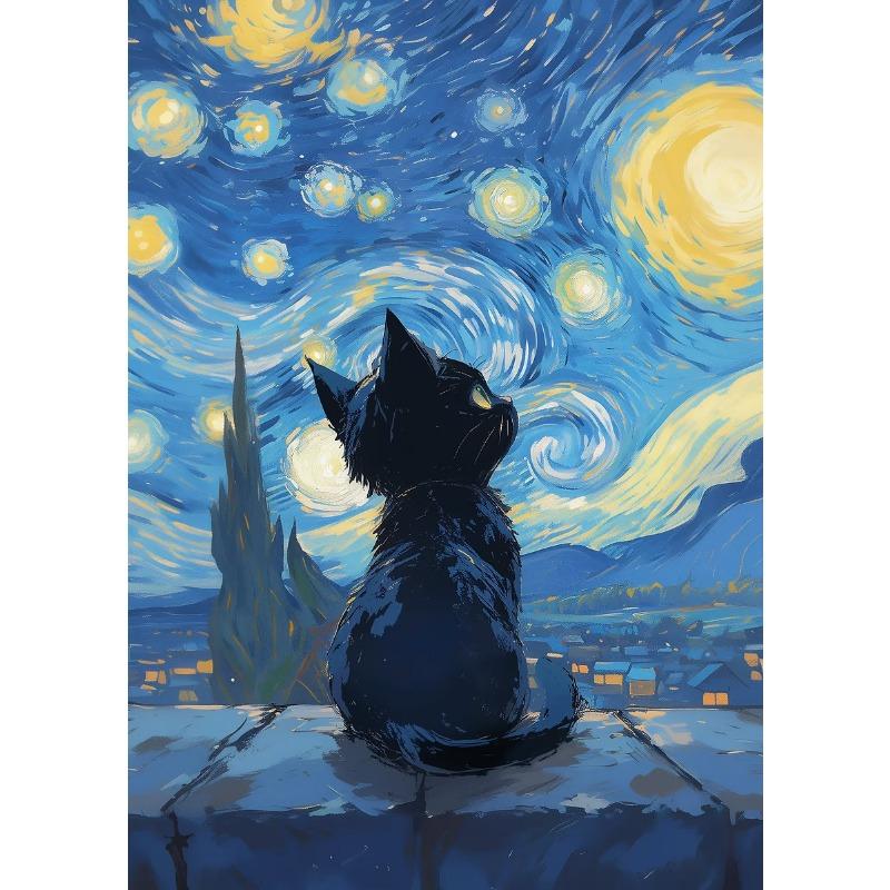 Черный кот под небом Серия «Звездная ночь» Тематическая печать на холсте Модные популярные цвета Фреска Студия Домашнее украшение Искусство Подарки