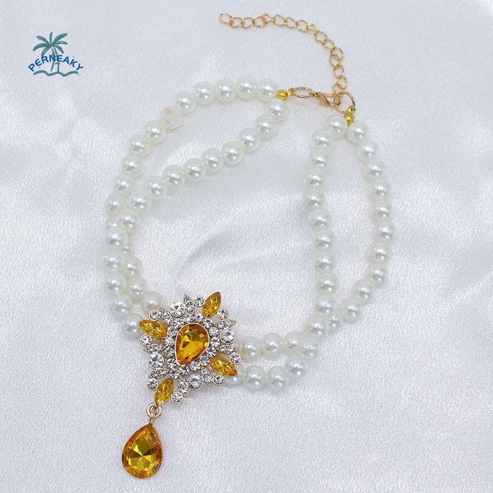 Cute Double Layer Pet Pearl Necklace Vintage Adjustable Cat Neck Chain Glamorous Crystal Cat Pearl Collar Pet Show