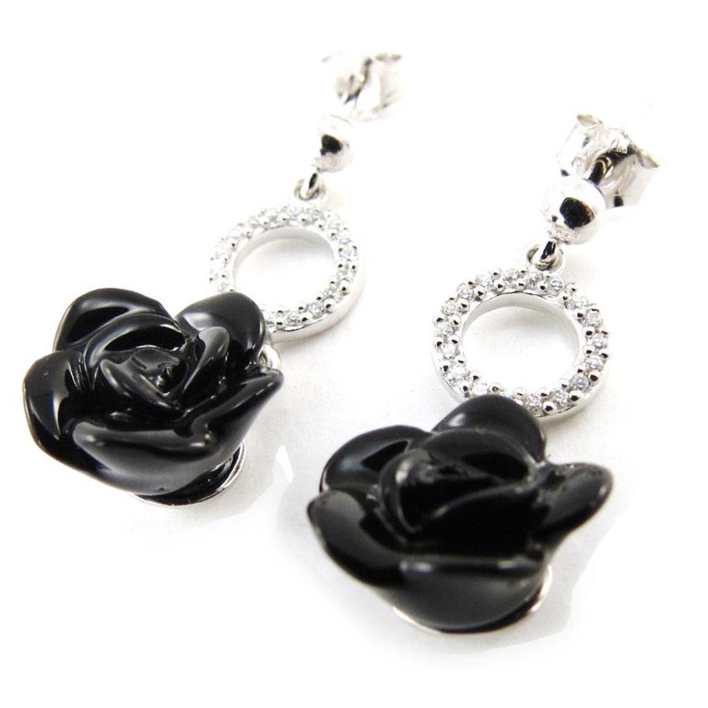 Les Trésors De Lily [J3115] - Серебряные серьги Rose Noire с черным родиевым покрытием - 28x11 мм