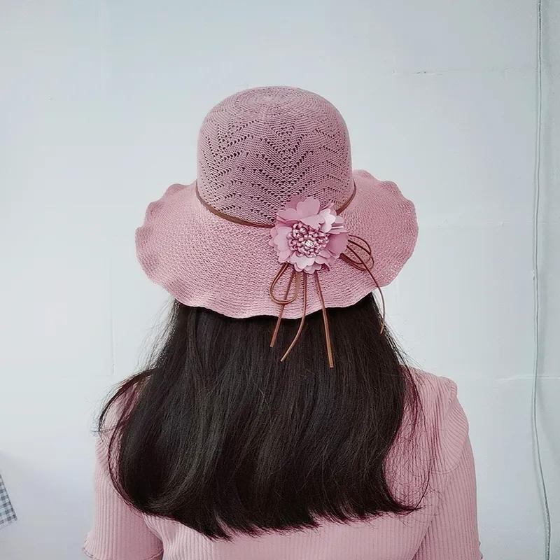 WTEMPO Solid Color Wide Brim Travel Beach Breathable Sun Hats Women's Spring Summer Foldable Sunscreen Hats with Flower