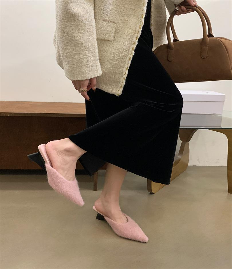 Suede Muller Shoes Autumn and Winter Special-shaped Heel Autumn and Winter Fluffy Slippers Women's Outer Wear Bag Head Rabbit Hair Warm French Sma