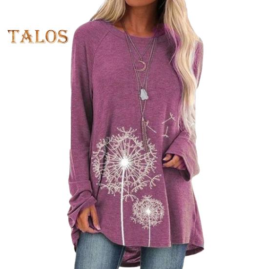 Женская туника больших размеров с принтом одуванчика, удлиненная рубашка с круглым вырезом и длинными рукавами, футболка-пуловер свободного кроя для работы, повседневной жизни