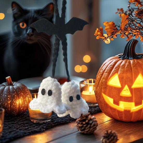 1 Pair Cartoon Ghost Pendant Crochet Car Mirror Hanging Accessories