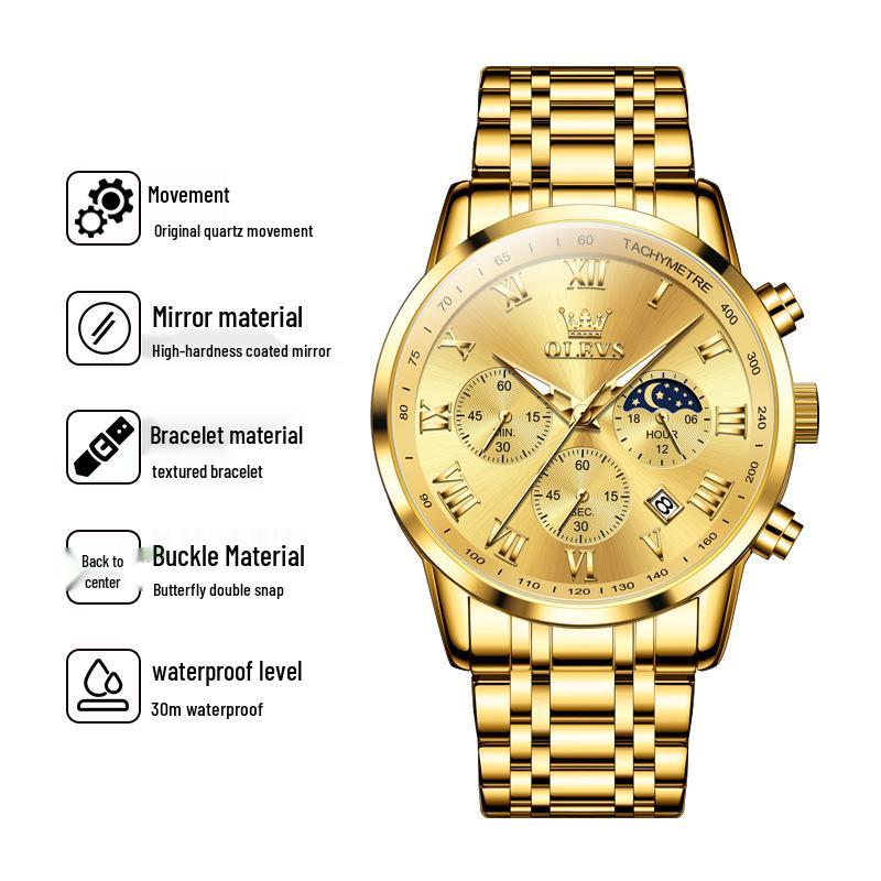 Мужские многофункциональные часы Oulishi: Светящийся календарь, Водонепроницаемый, Стальной браслет, Трехглазковый, Шестистрелочный.