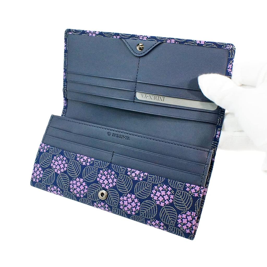 Длинный кошелек Inden с монетой, гортензия, темно-синий x фиолетовый бязь x серый лак 8005 [Indenya] кошелек, оленья кожа, мисо, узор,