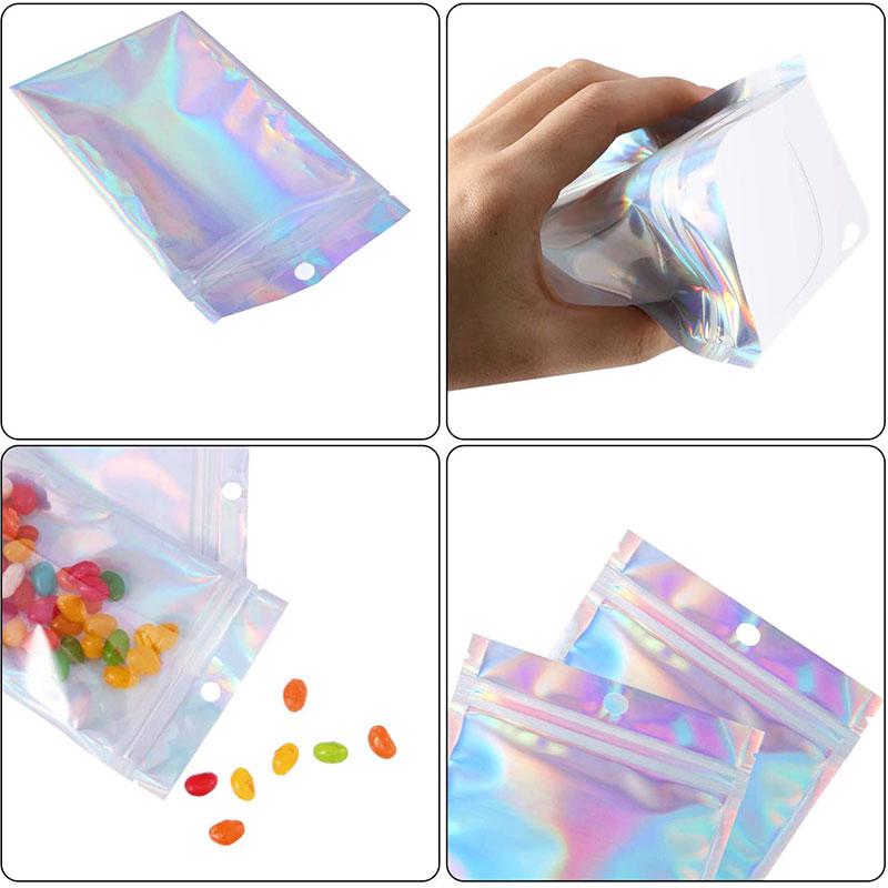 20pcs Holographic Flat Foil Bags Laser Mini Aluminum Zip Lock Plastic Bag Resealable Smell Proof Bags for Favor Food Storage Gift Package Supplies