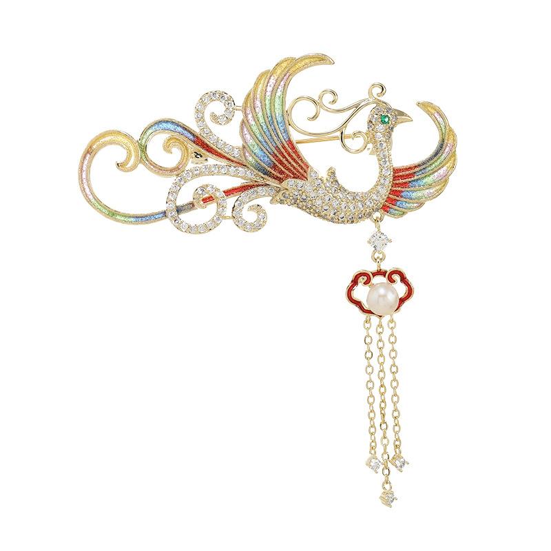 Средняя эмалевая брошь феникс, высококлассный темперамент, женская булавка с жемчужной бахромой, аксессуары для костюма, корсаж