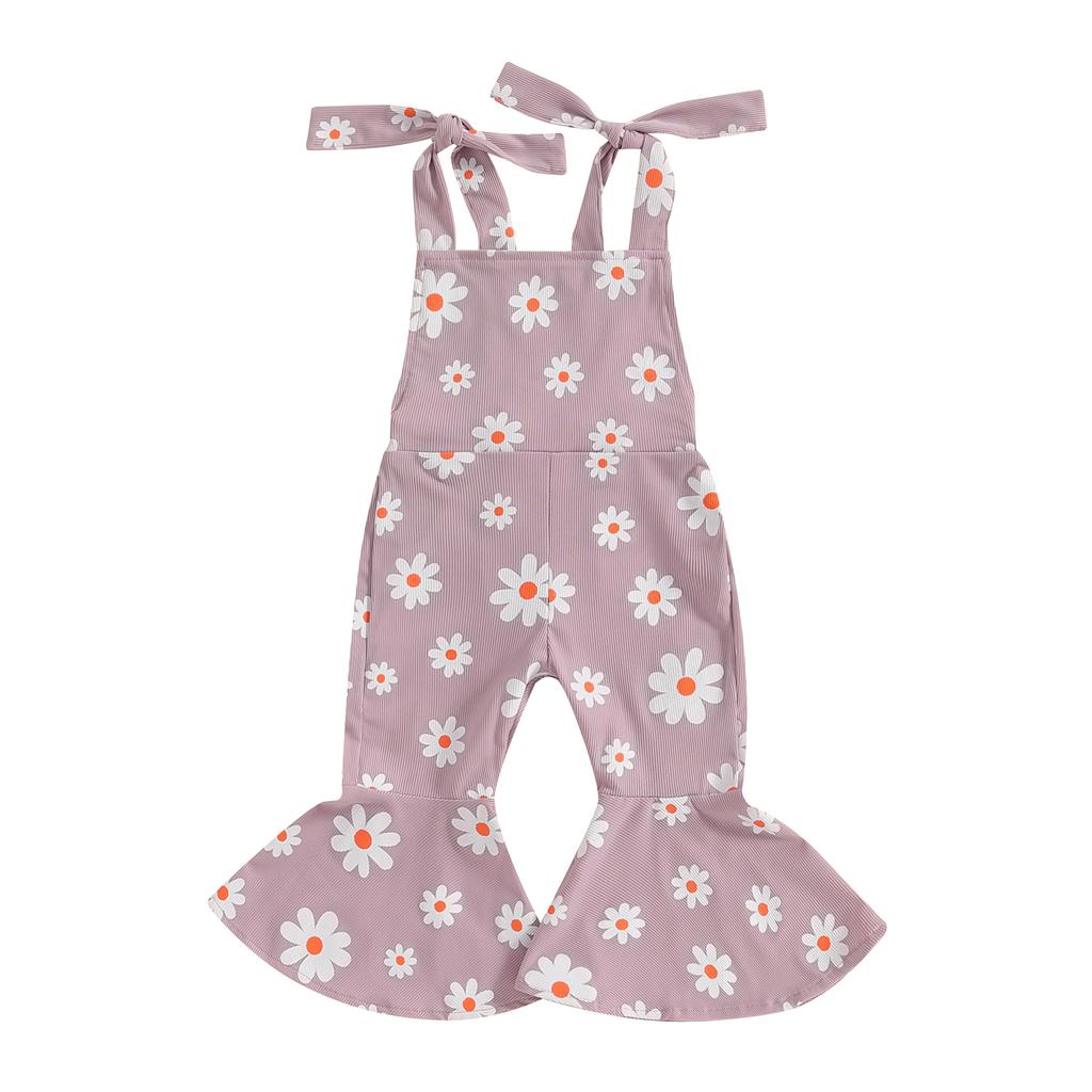 Toddler Girls Summer Flare Jumpsuit Daisy Print Sleeveless Tie-Up Bell-Bottoms Romper
