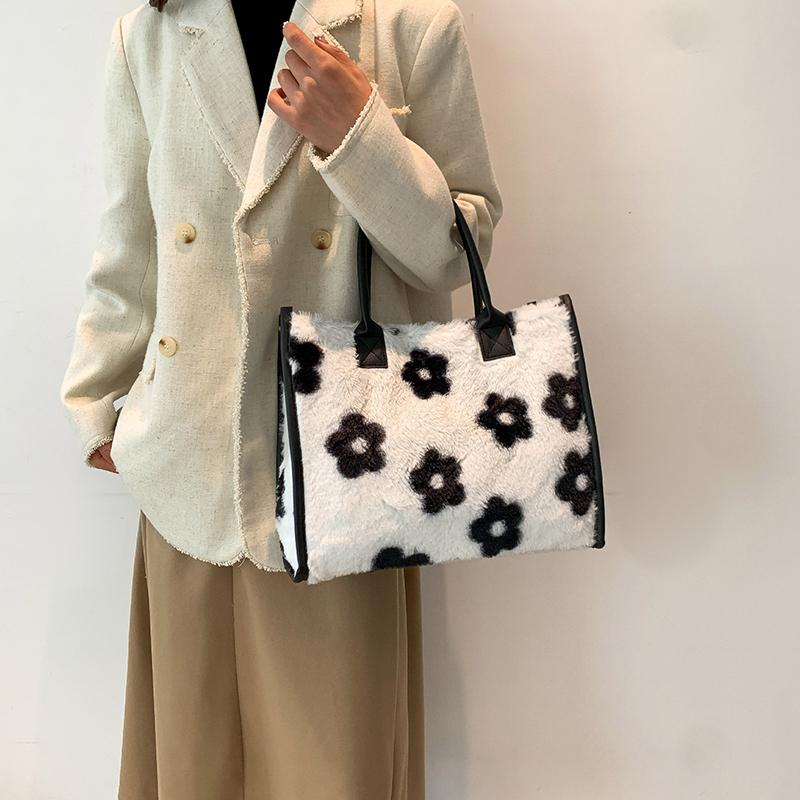 Yogodlns Женская зимняя теплая мягкая плюшевая сумка на плечо, модная сумка-тоут с леопардовым принтом коровы из искусственного меха, большая вместительная сумка