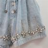 Women Shorts Jeans Wide Leg Short Pants Elastic Waist Button Diamonds Vintage Washed Distressed Summer Streetwear Denims