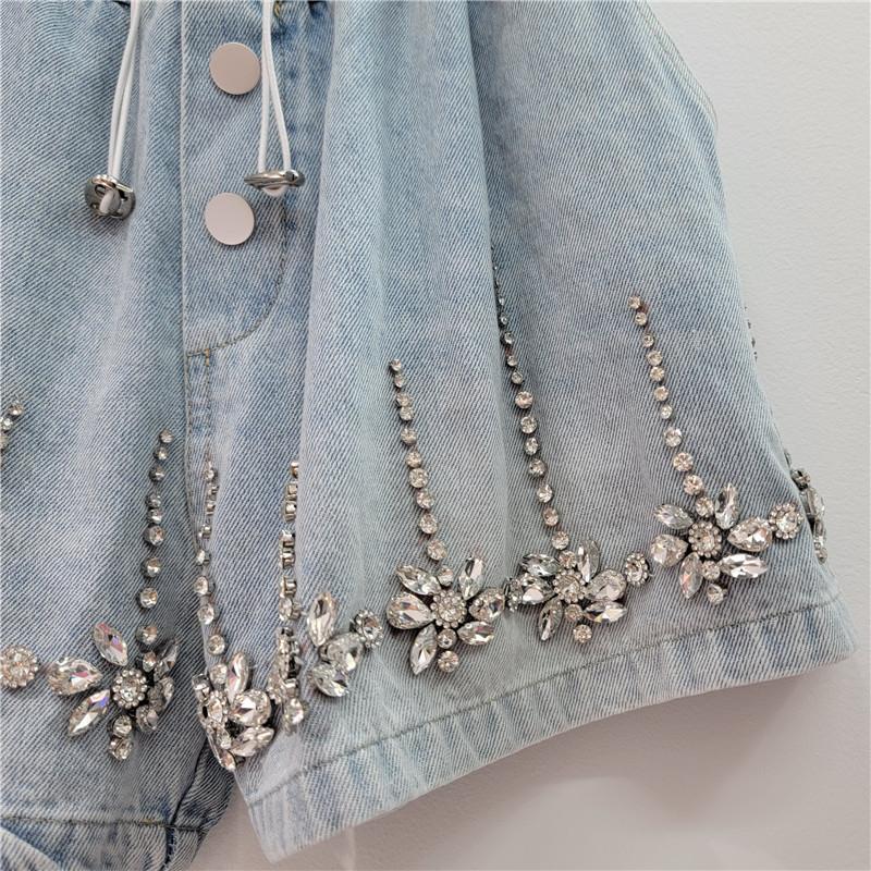 Women Shorts Jeans Wide Leg Short Pants Elastic Waist Button Diamonds Vintage Washed Distressed Summer Streetwear Denims
