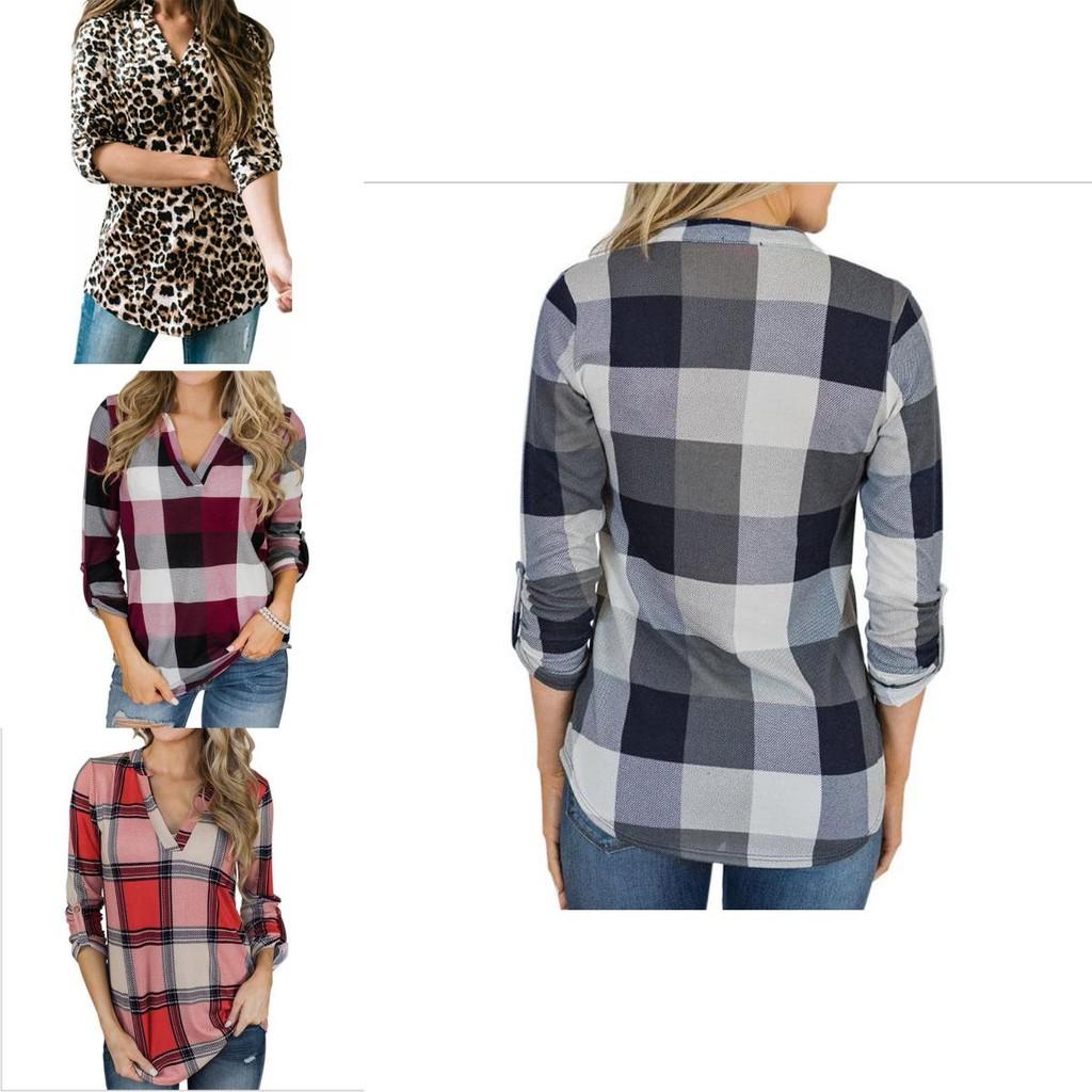 Women Vintage V-neck Loose Tops Long Sleeve Stylish T-shirt With Plaid Casual Design