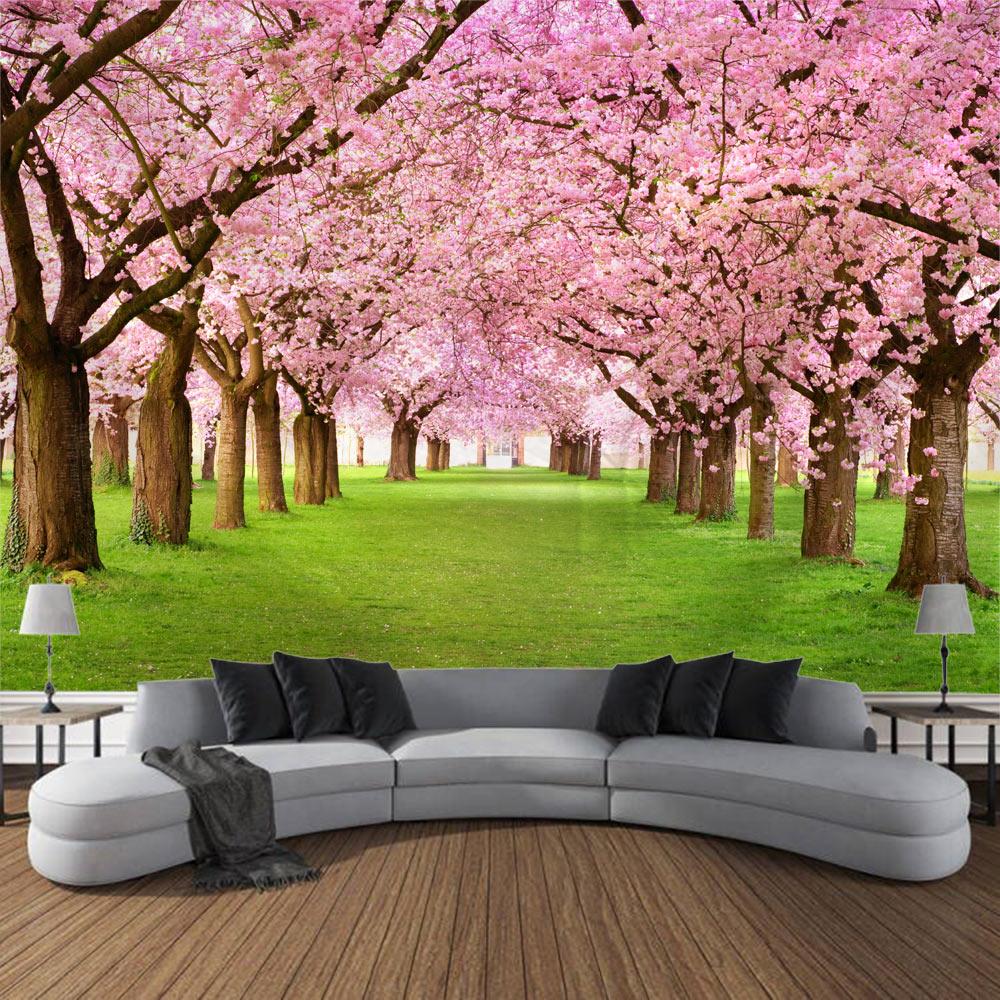 Вишневый пейзаж, гобелен, розовые цветы, деревья, лесной парк, сад, настенный гобелен для спальни, эстетика, украшение дома