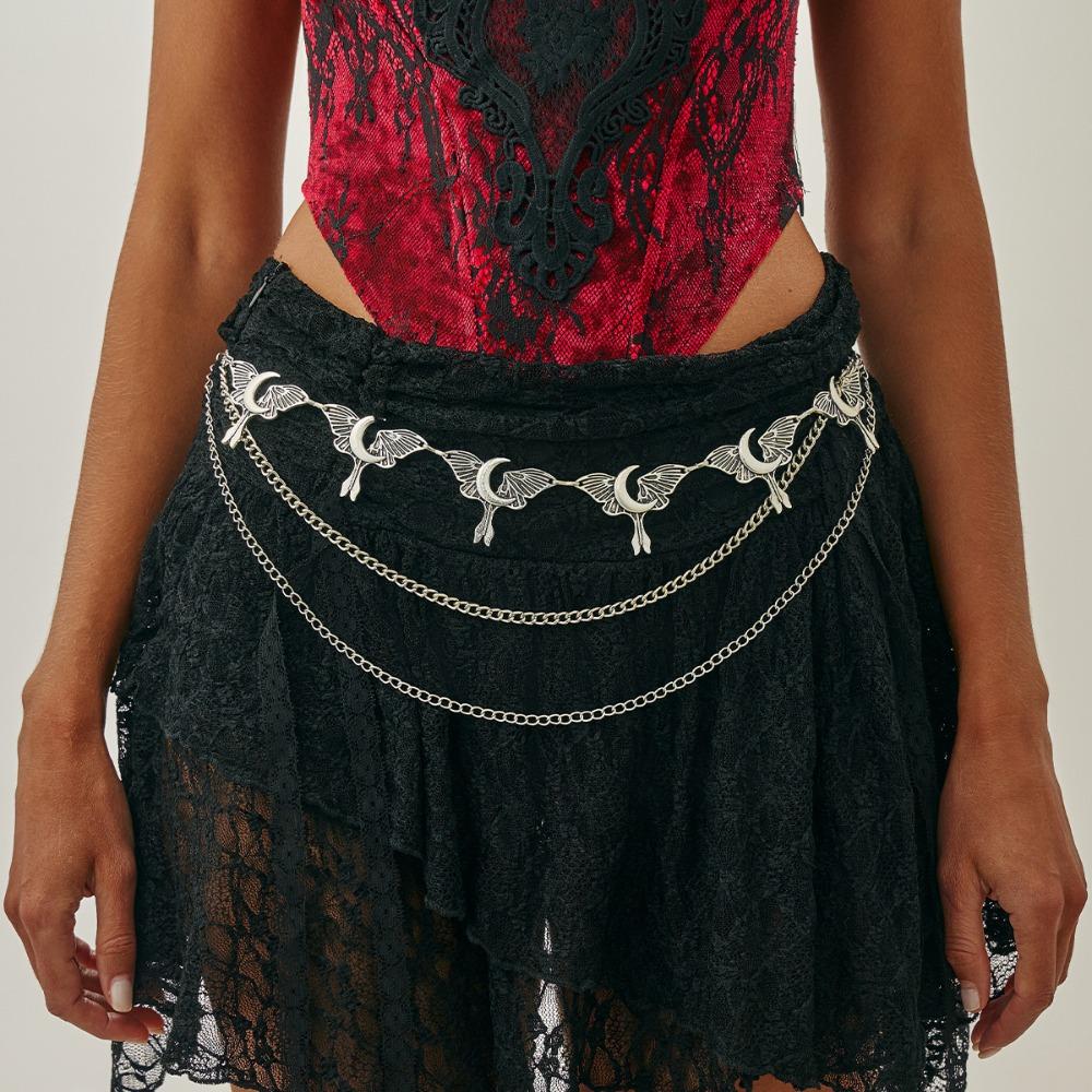 Charm Gothic Sliver Color Crescent Moon Moth Wings Spliced Multi-layer Waist Chain Necklace for Women Halloween Body Jewelry