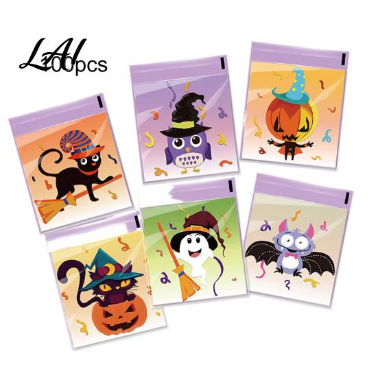Self Adhesive Treat Bags 100 Pcs Small Halloween Bags Seal Clear Candy Dessert Snack Cookie Trick or Party Favors for Holiday Cute Cartoon Pouches