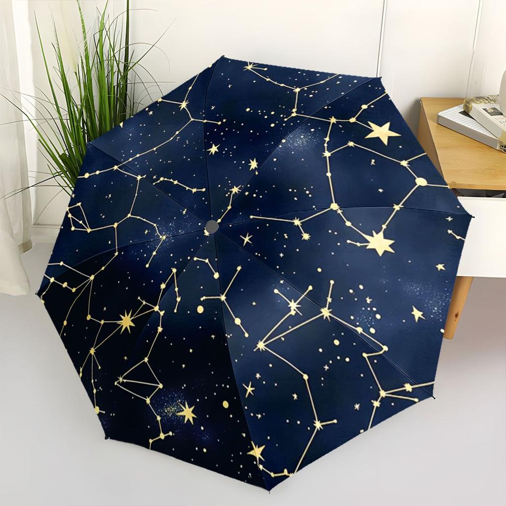 Automatic Open/Close Umbrella with Constellation Pattern - Navy Blue & Golden Stars, Compact Travel Umbrella, All-Season Porta