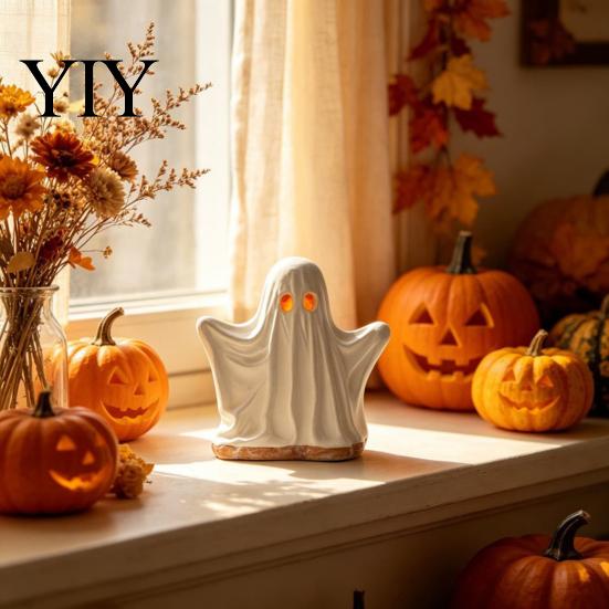 Creative Halloween Room Accents Ghost Ornament with Warm Light, Cute Spooky Luminous Figurine, Modern Resin Holiday Ornaments Night Light for Tabletop